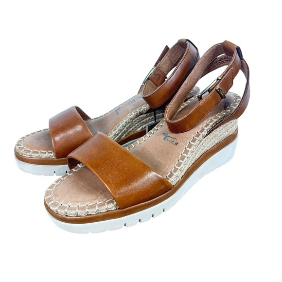 tamaris Shoes - Tamaris Ladies Leather Cognac Brown Wedge Sandals Espadrille Capsule Size 8 / 39